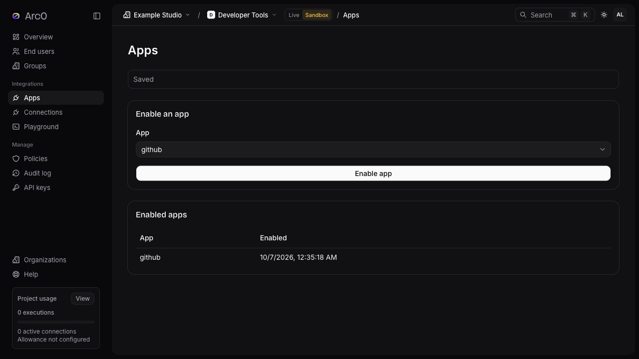 GitHub enabled in the Example Studio sandbox