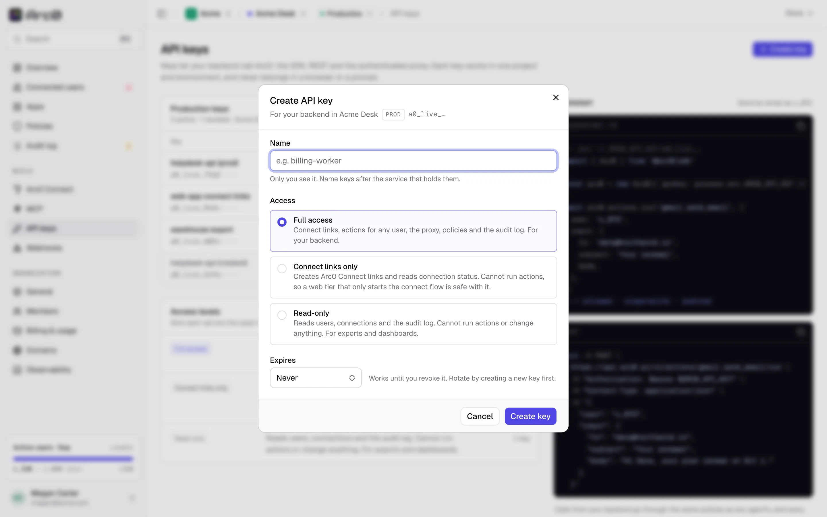 The Create API key dialog with fields for name, access level and expiry