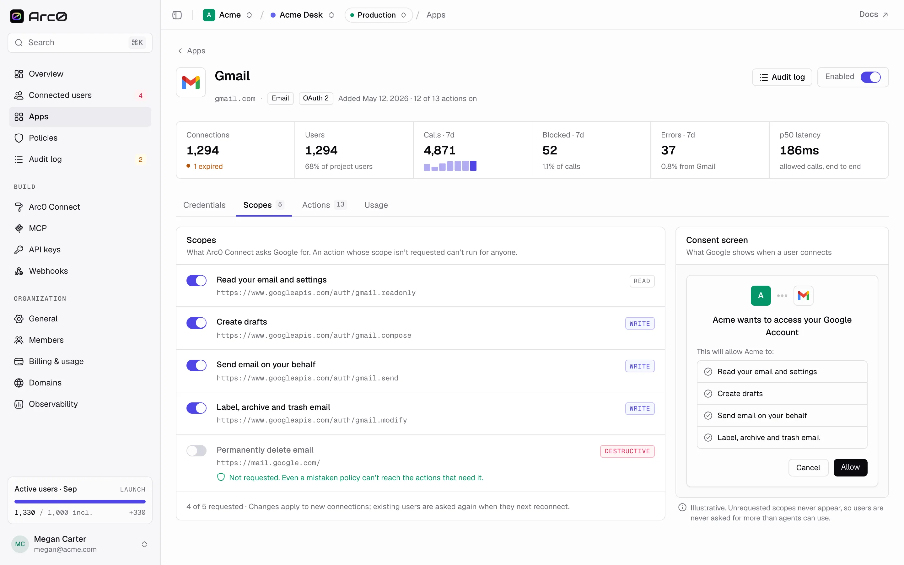 Gmail's Scopes tab: a switch per scope and a consent screen preview on the right