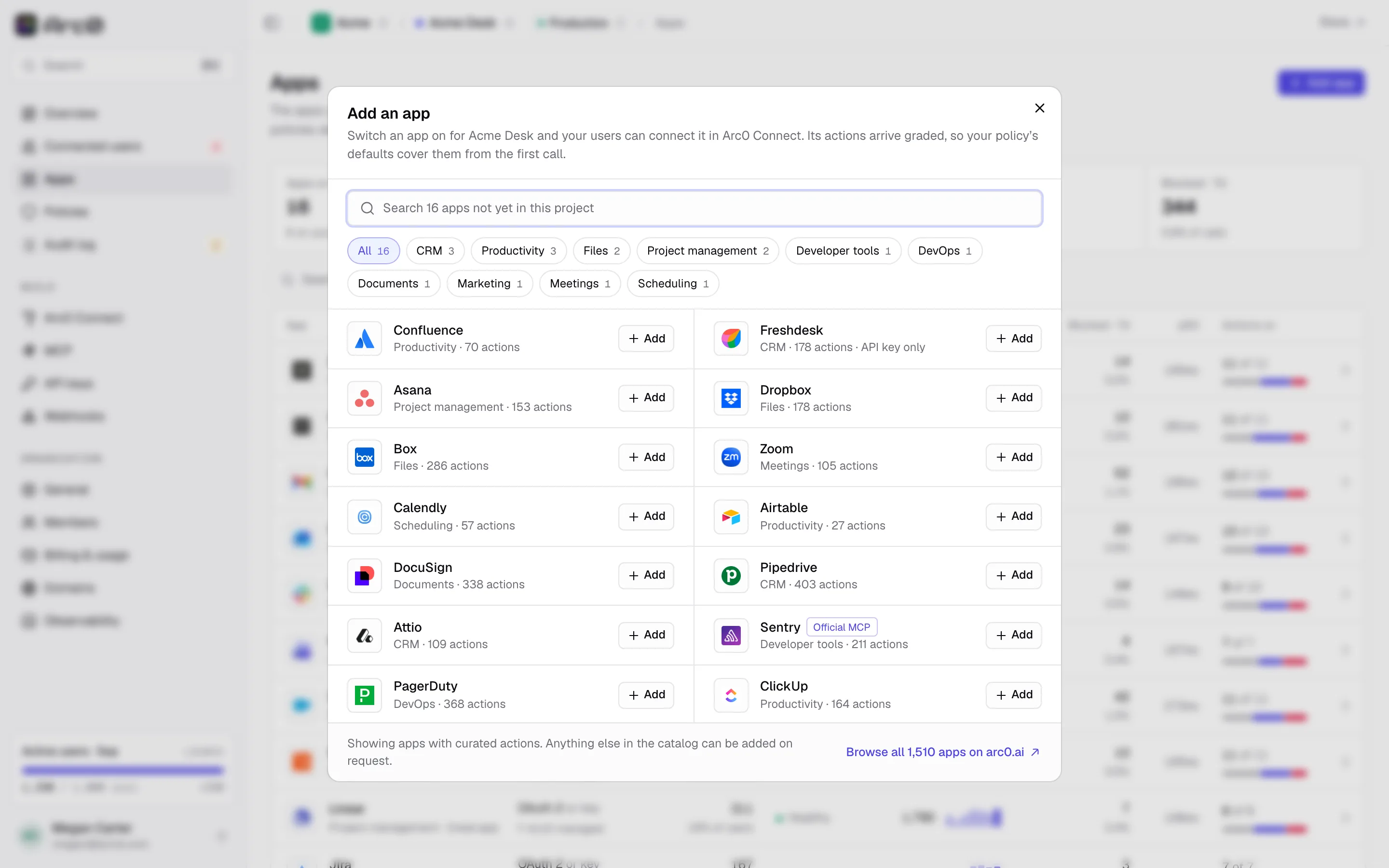The Add an app dialog: search, category chips, and an Official MCP tag on apps that proxy their own server