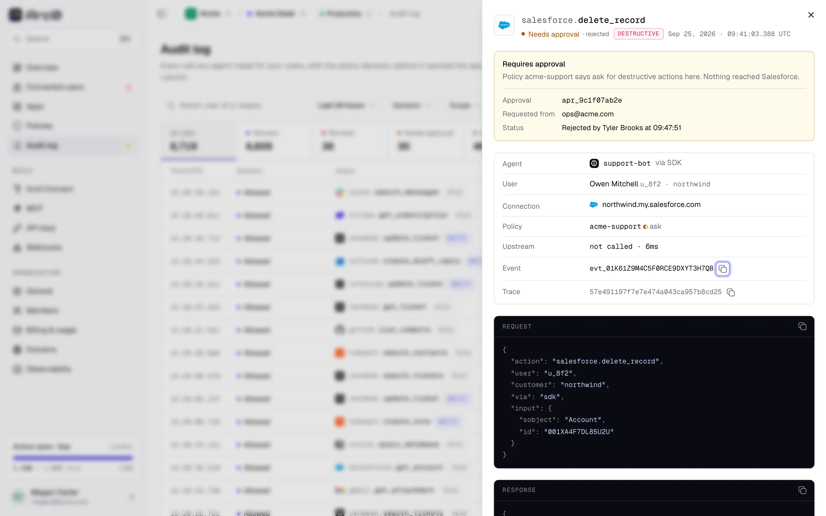 The event drawer for a rejected salesforce.delete_record call, showing its reason, approval status, and the request and response JSON