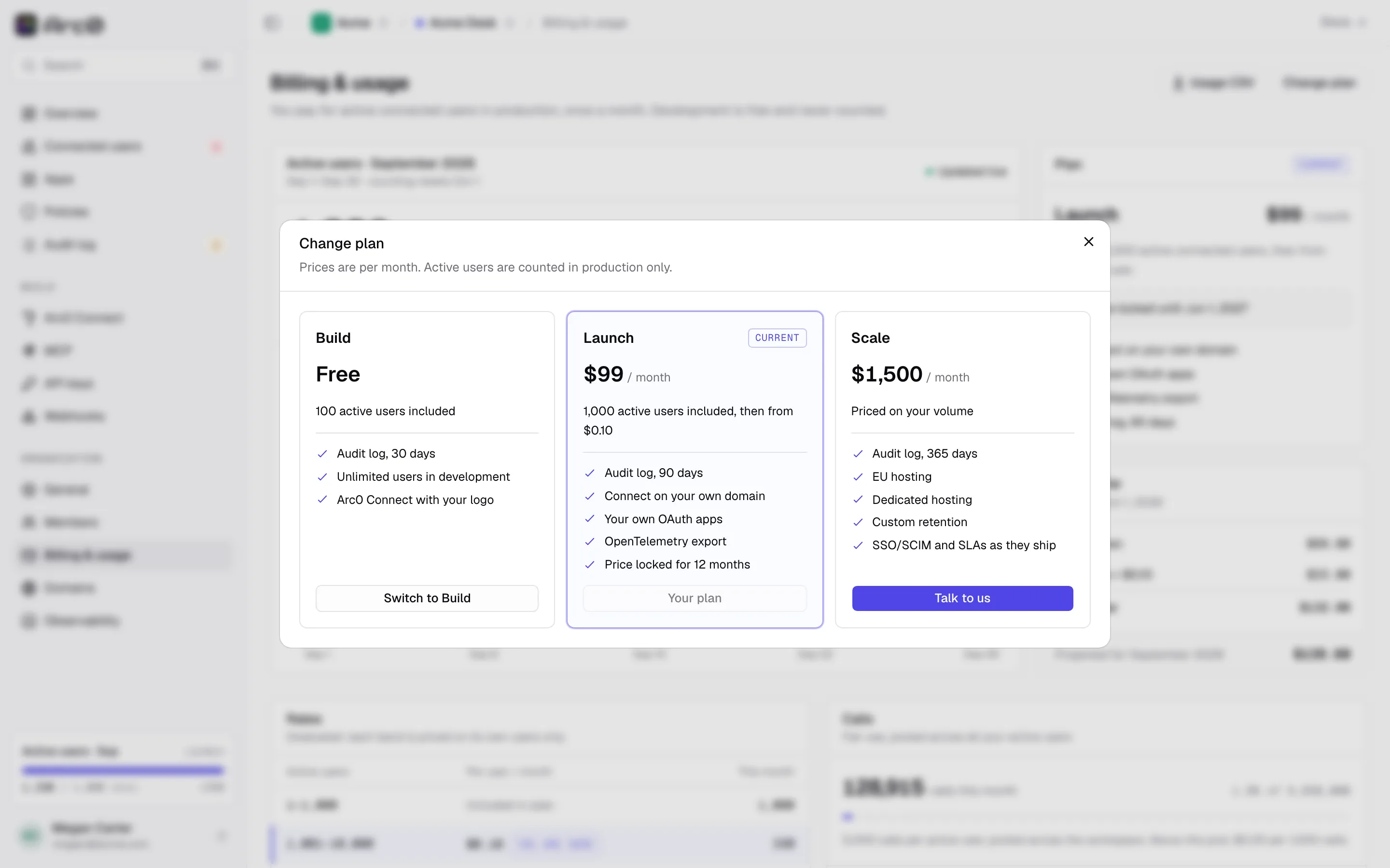 The Change plan dialog, comparing Build, Launch and Scale