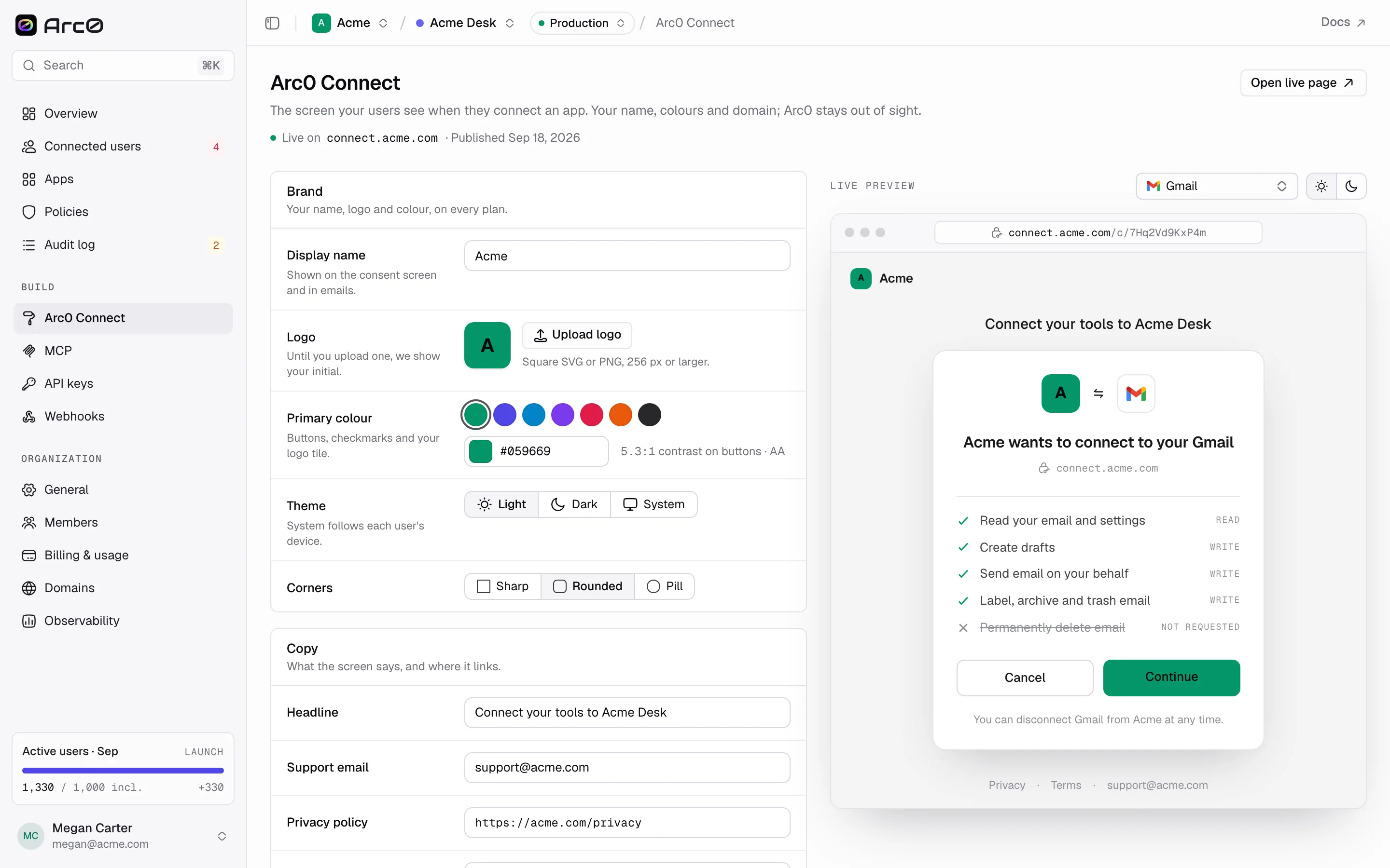 The branding editor for Acme Desk: display name, logo, colors, theme, and the live preview of the connect page