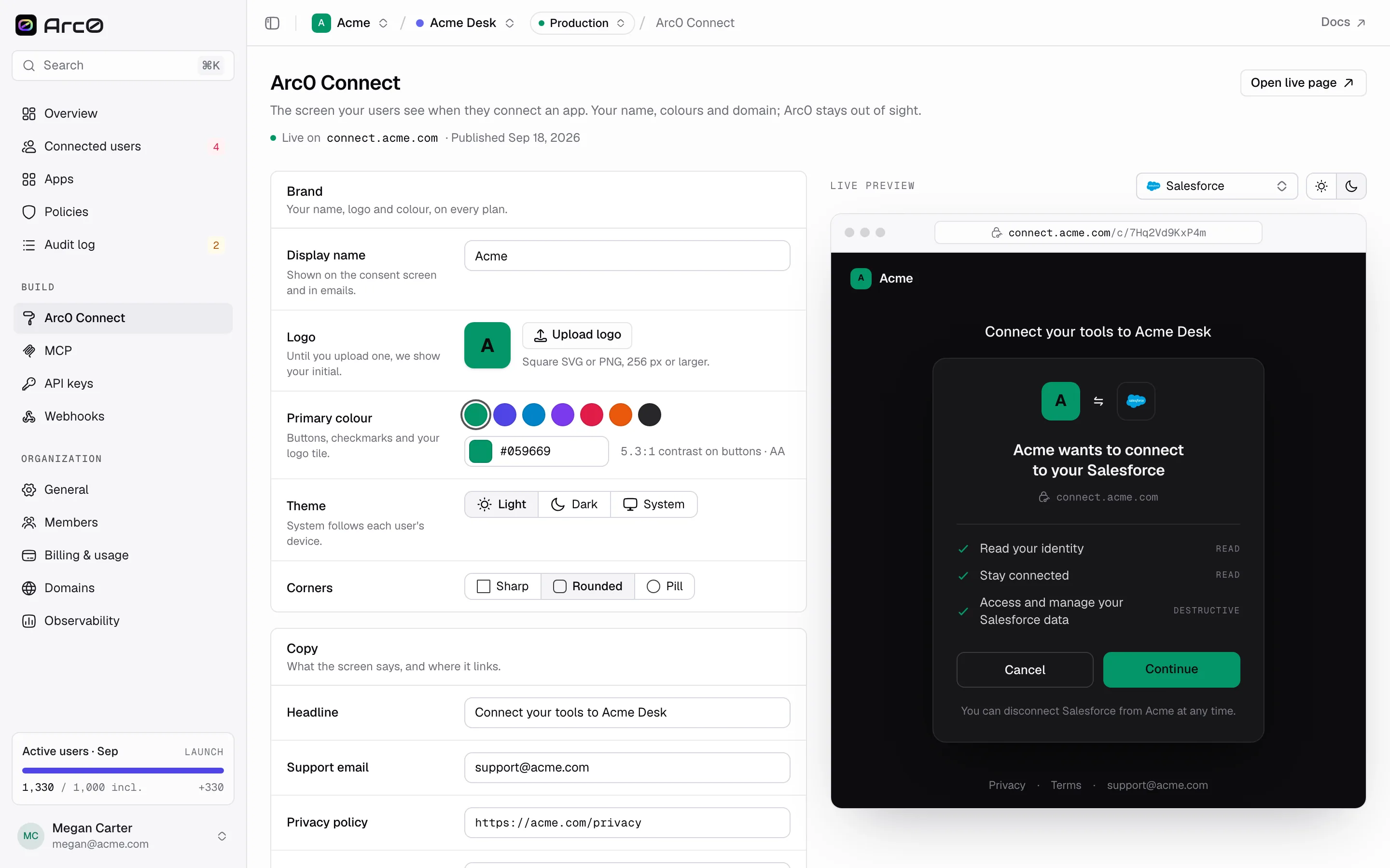 The live preview showing the Salesforce consent screen in dark theme