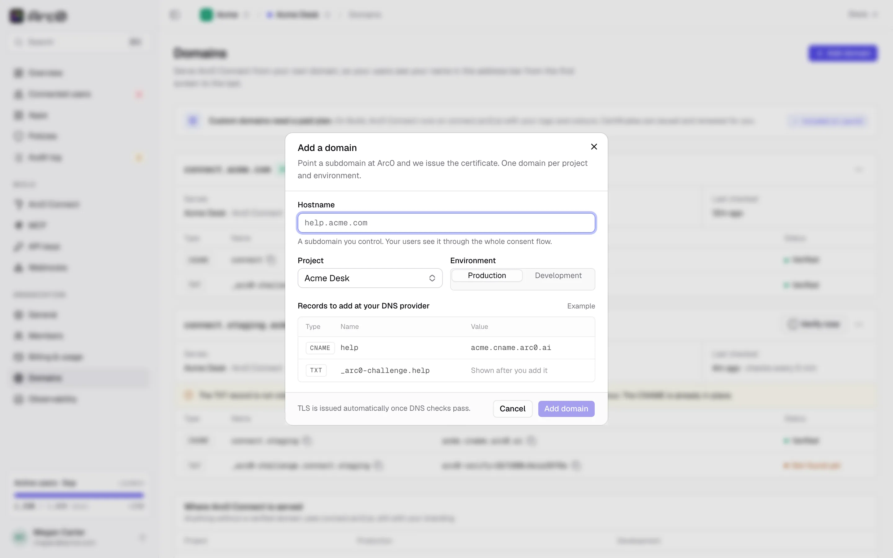 The Add a domain dialog: hostname field, project selector, and environment selector