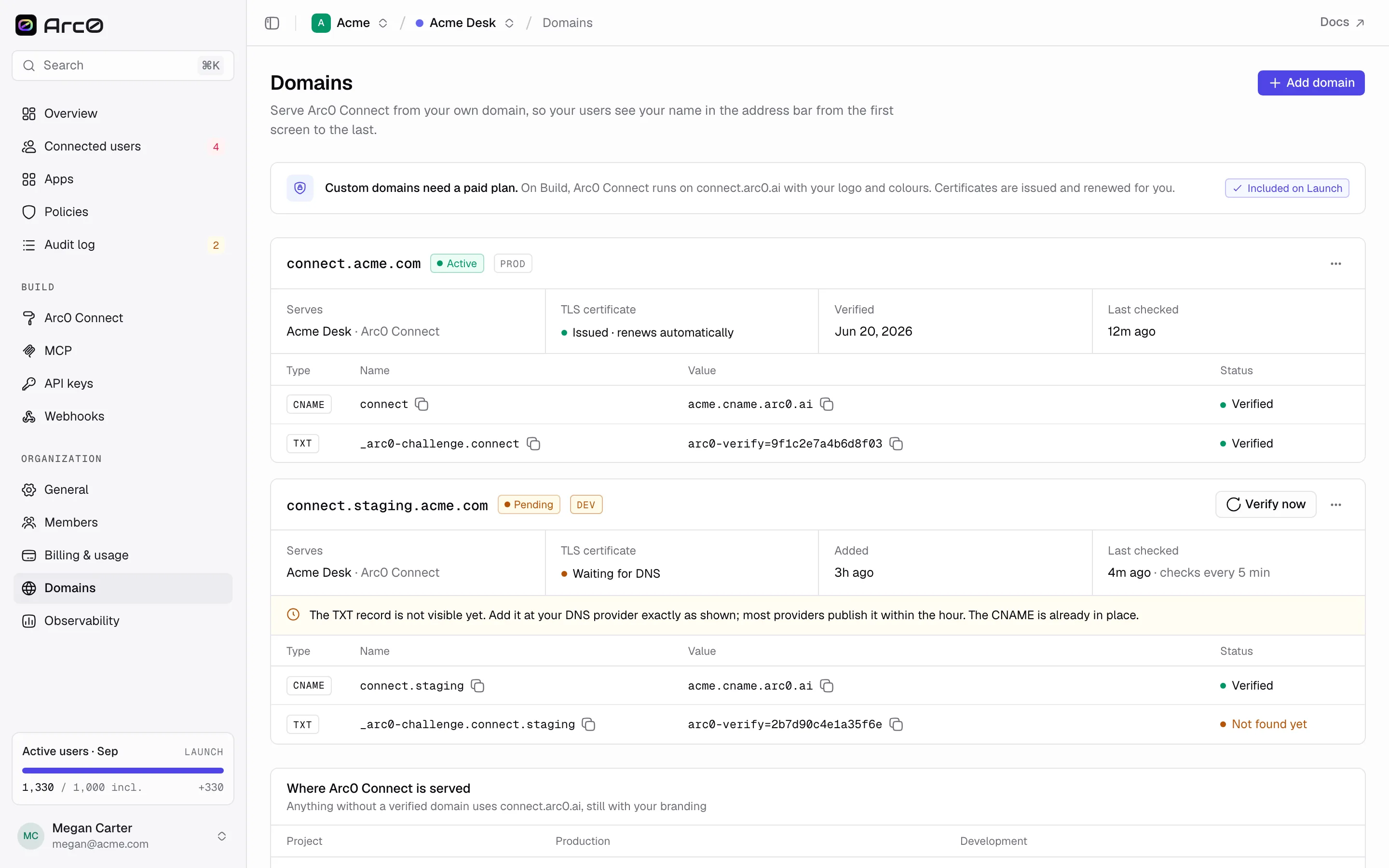 The domains list: hostname, status, and which project and environment each one serves