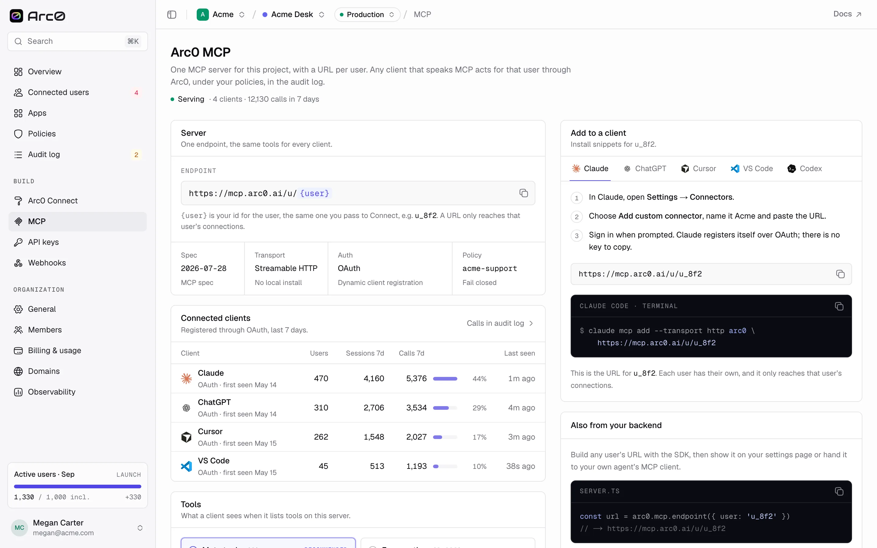 The Arc0 MCP page for a project: the endpoint, transport and auth details, tool mode, and the connected clients table