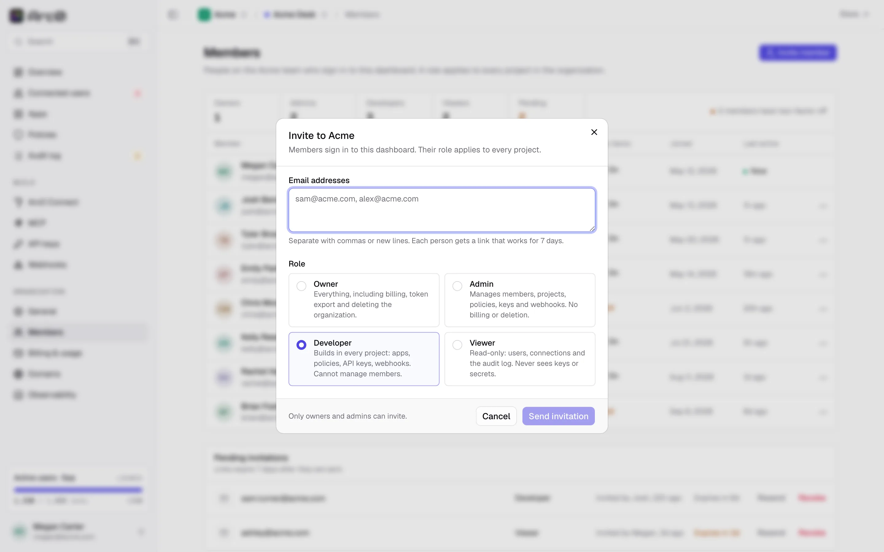The Invite to Acme dialog, with email addresses and a role selected