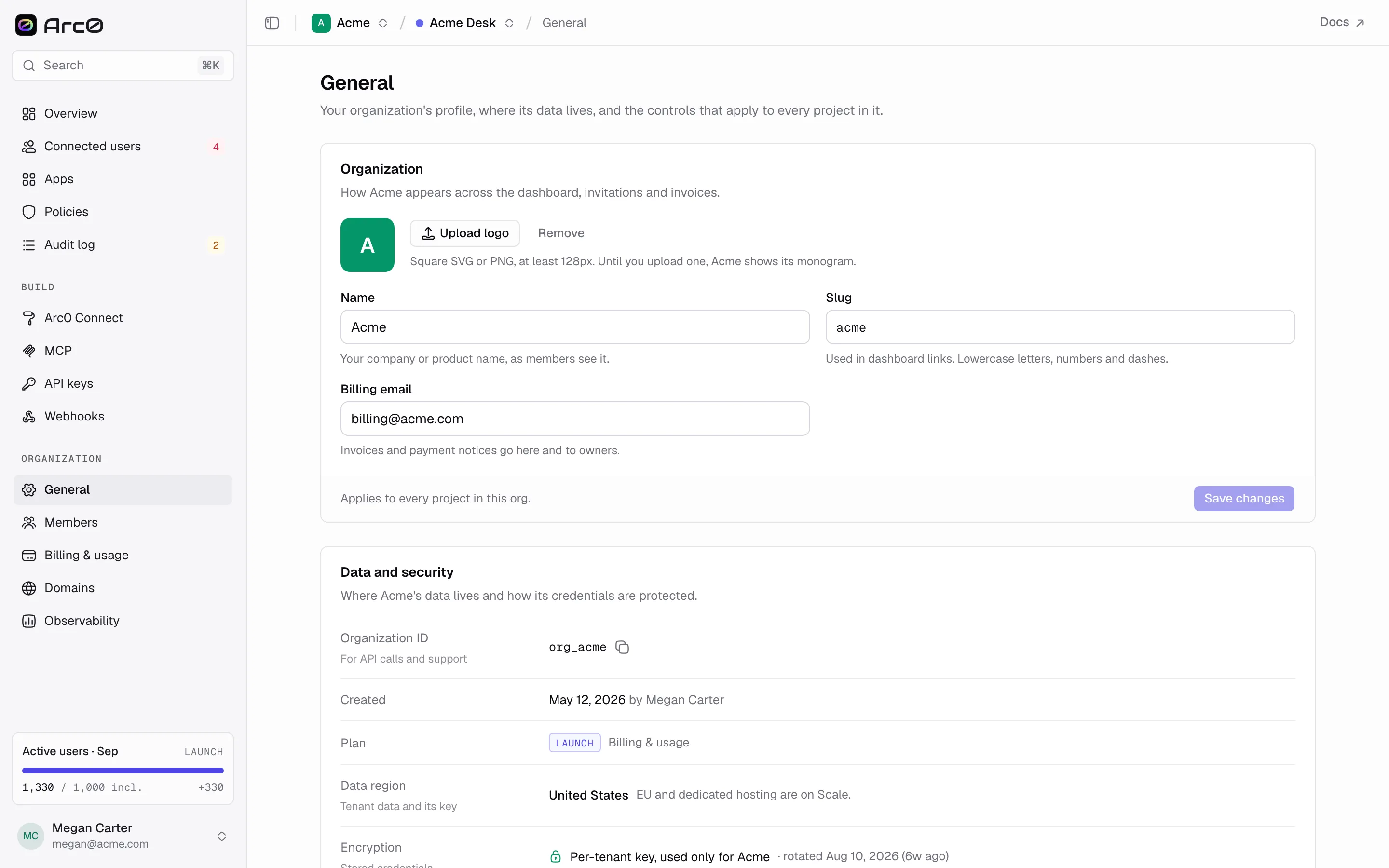 Organization general settings, showing the org profile, data and security details, token export, and the danger zone