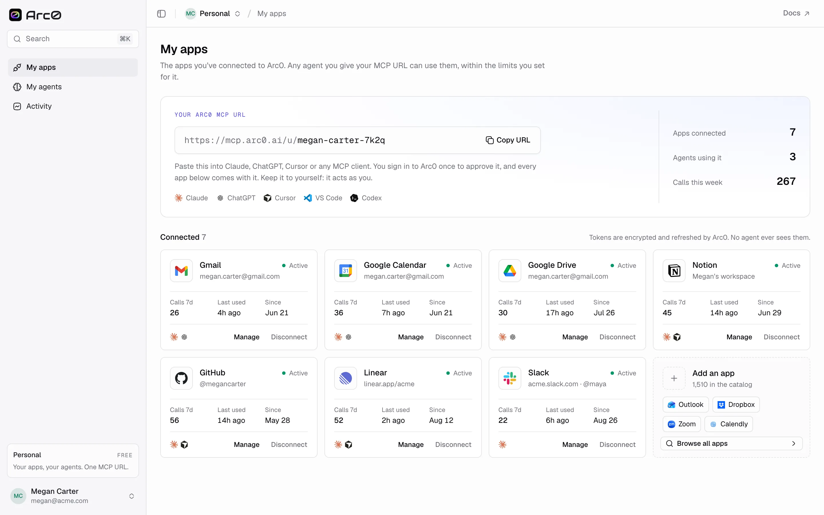 My apps, with a personal MCP URL and a list of connected apps