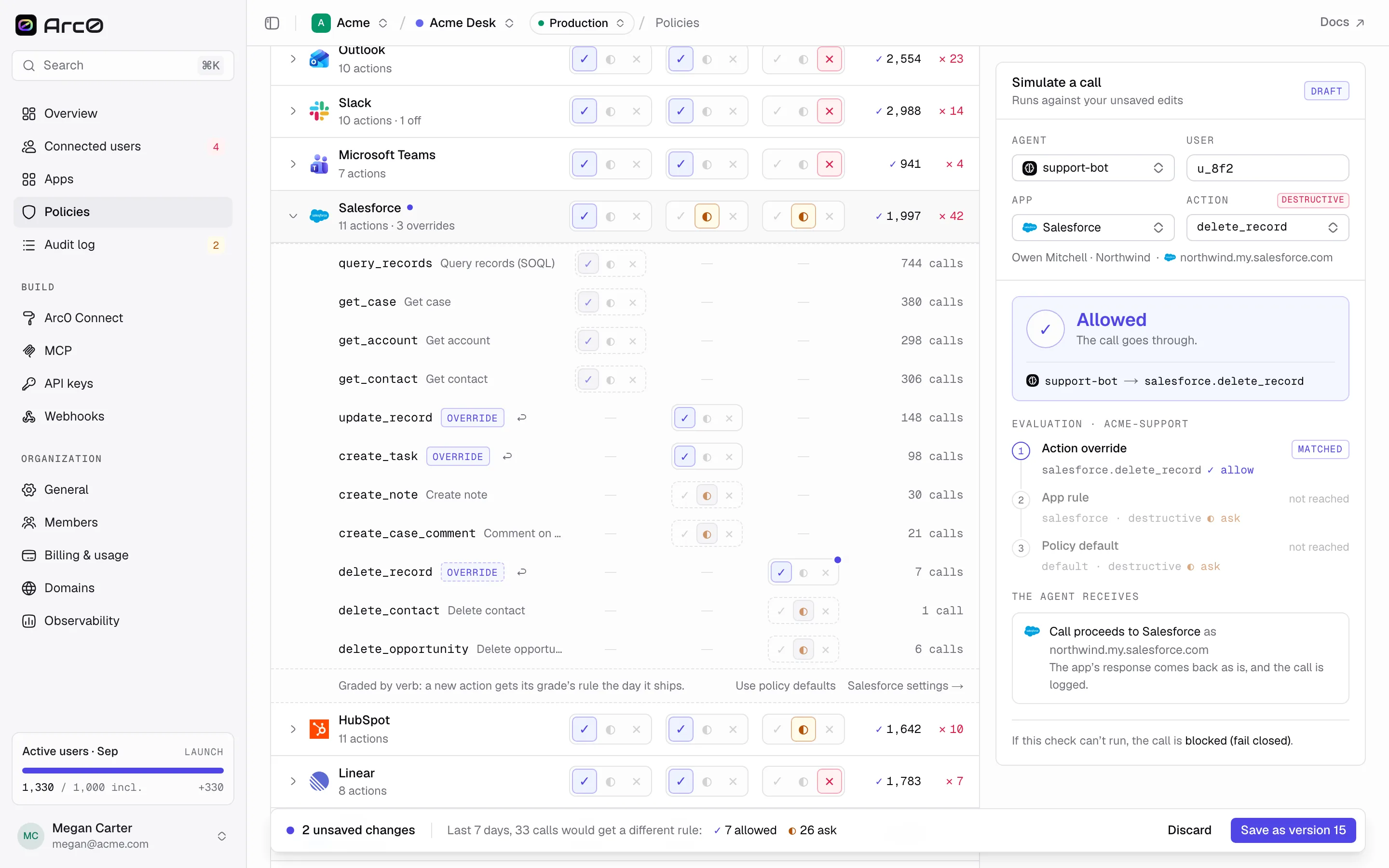 An unsaved draft with two pending changes: Stripe write set to ask, and Salesforce delete_record set to allow