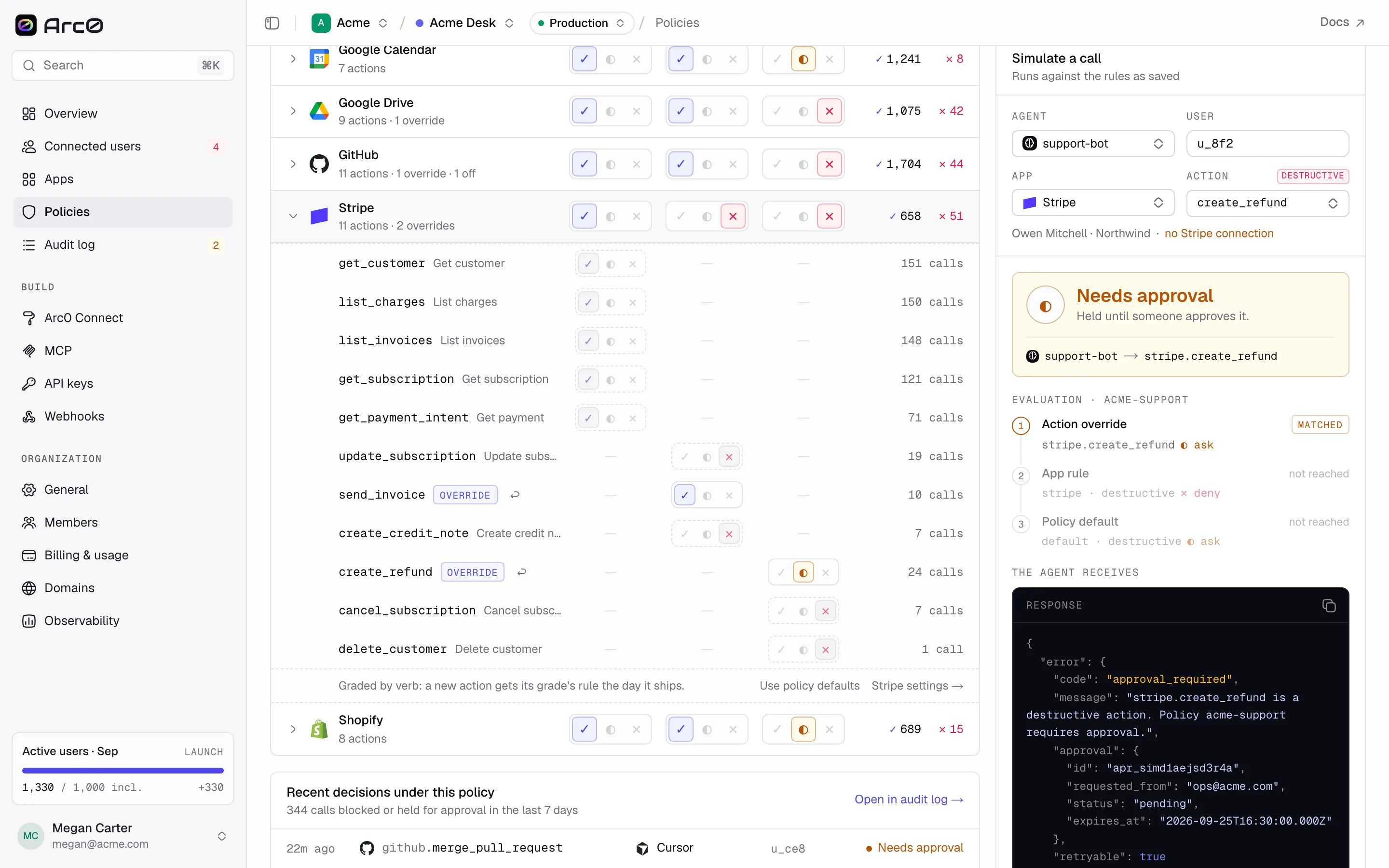 The simulator running support-bot against stripe.create_refund, returning Needs approval with the evaluation trace and the JSON the agent would receive