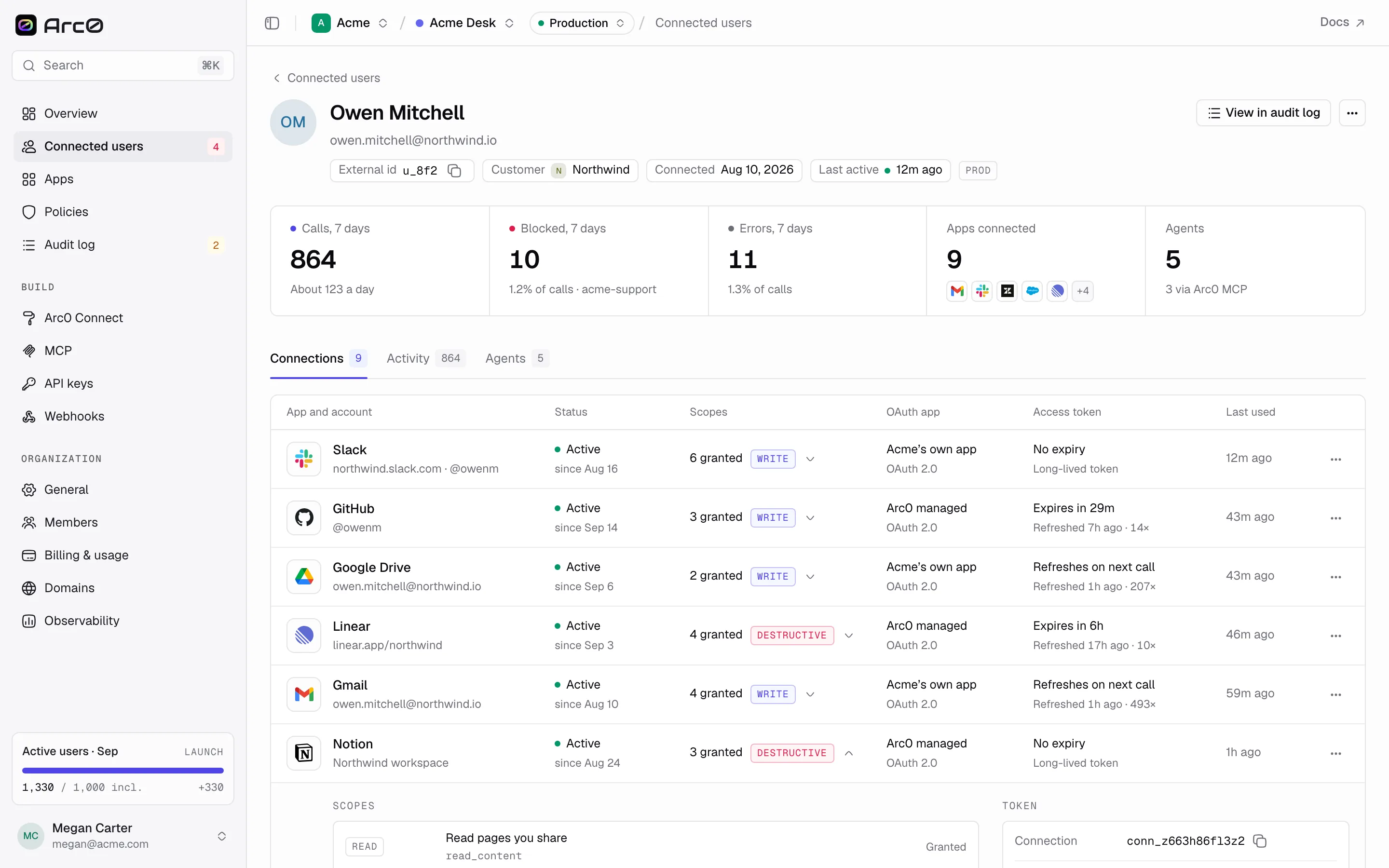 An expanded connection row showing its granted scopes and token details