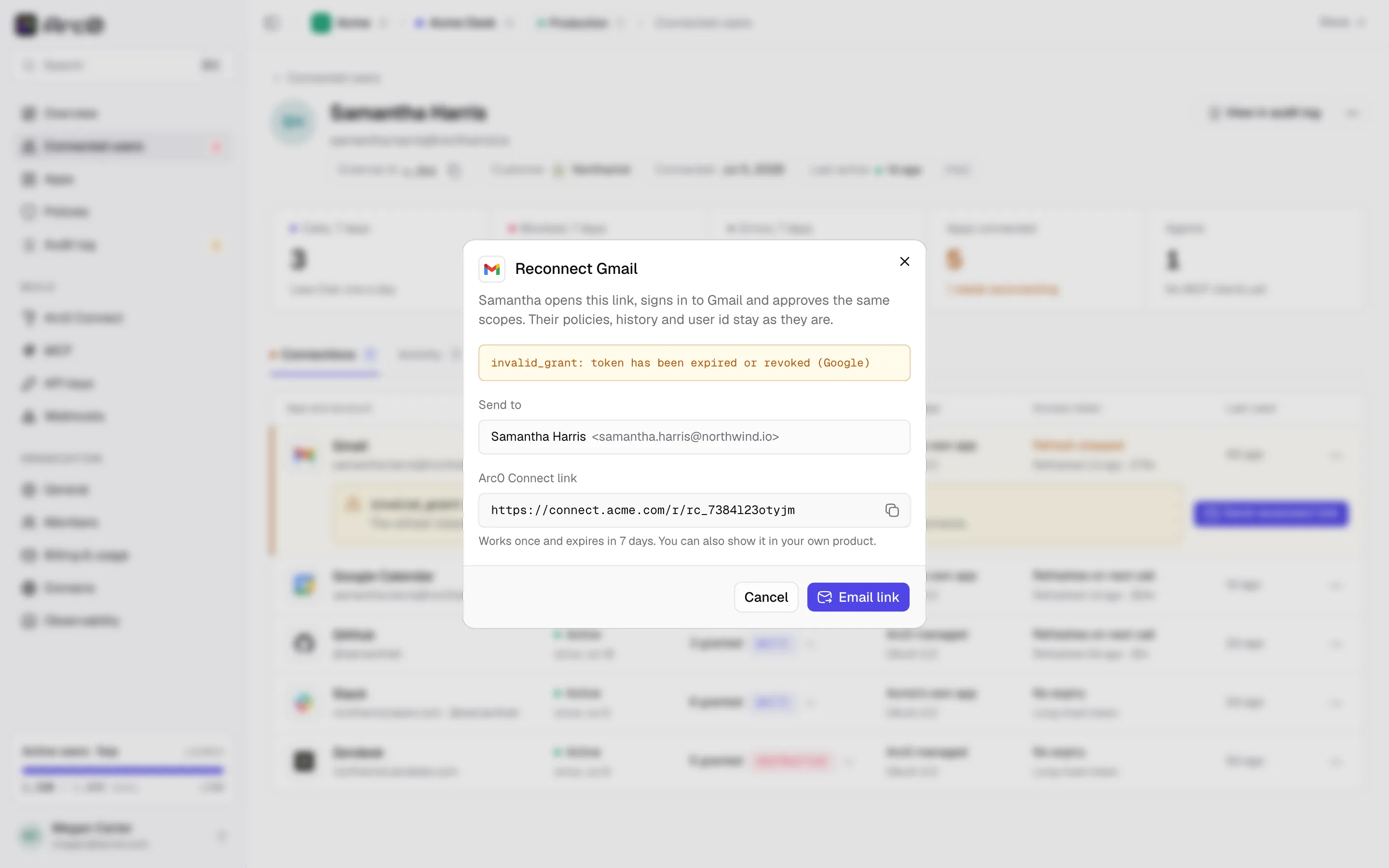The Reconnect dialog for a broken connection, with a Send to field and the generated Arc0 Connect link