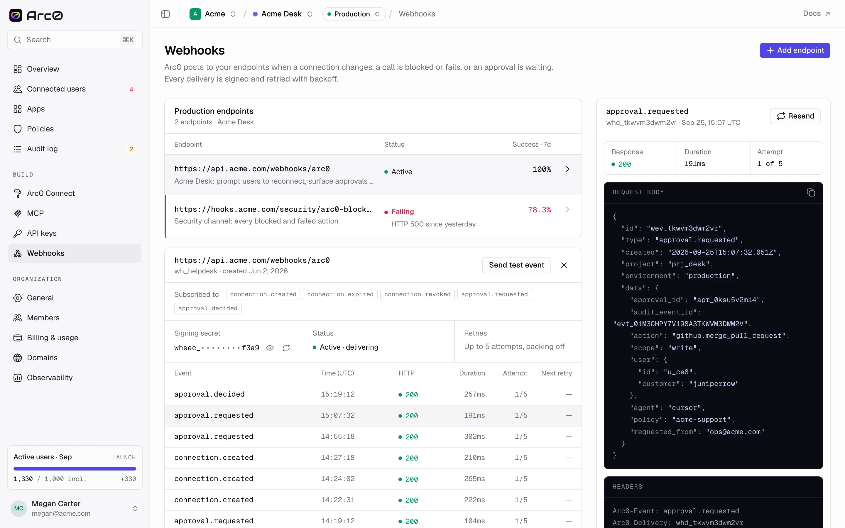 A webhook delivery's detail view: request body, headers, response and attempt number