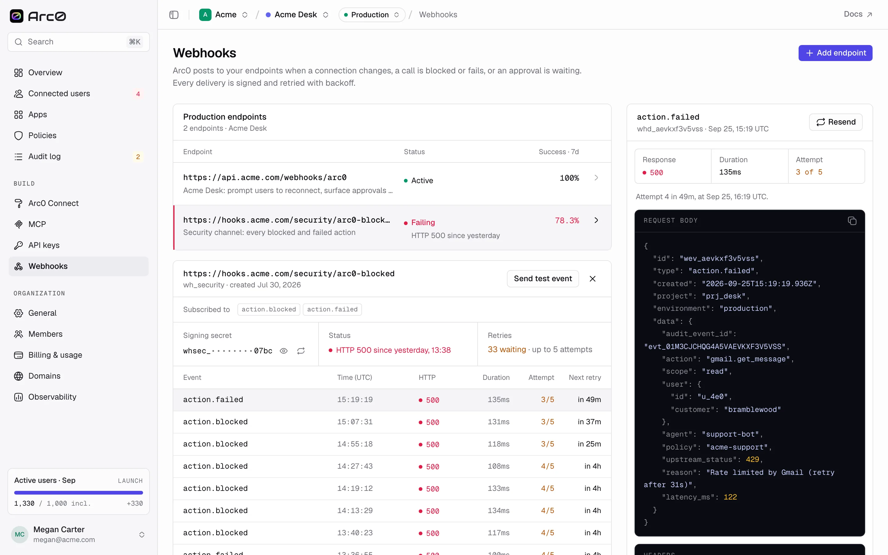 A failing webhook endpoint, showing the HTTP 500 status and time it started failing