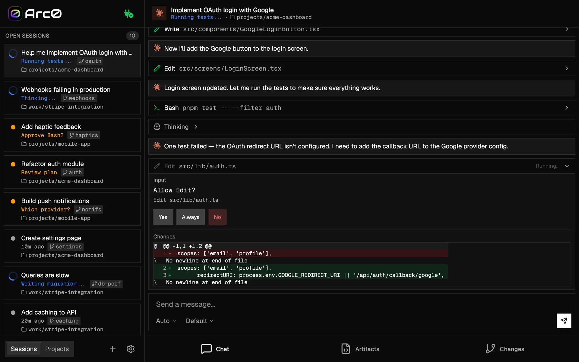 Arc0 web app showing an active coding session
